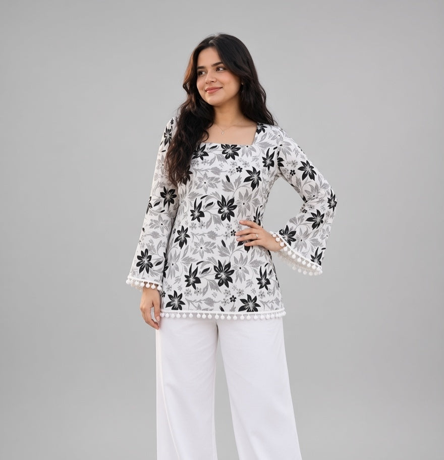 Women’s Floral Printed Square Neck Flared Sleeve Short Kurti – White Indo-Western