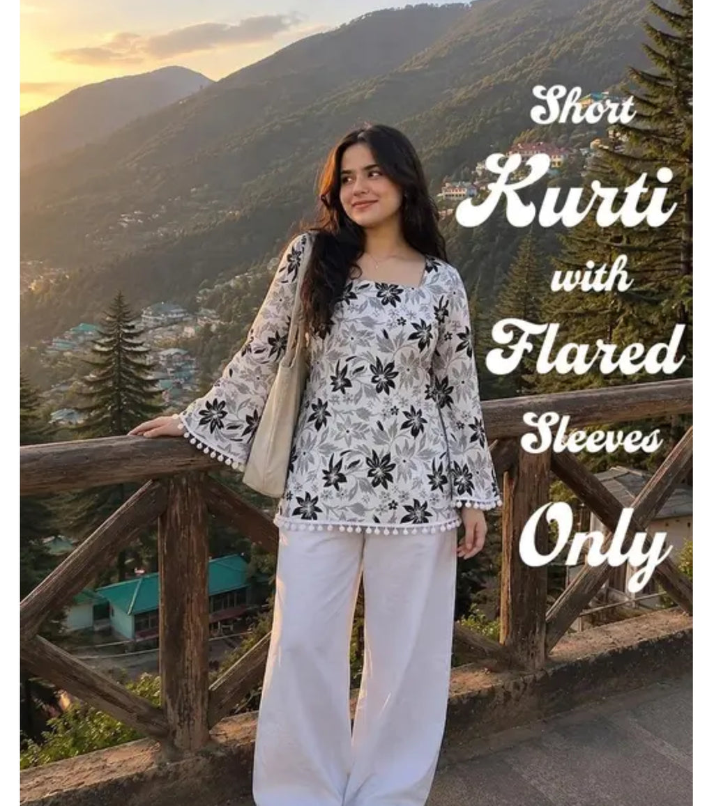 Women’s Floral Printed Square Neck Flared Sleeve Short Kurti – White Indo-Western