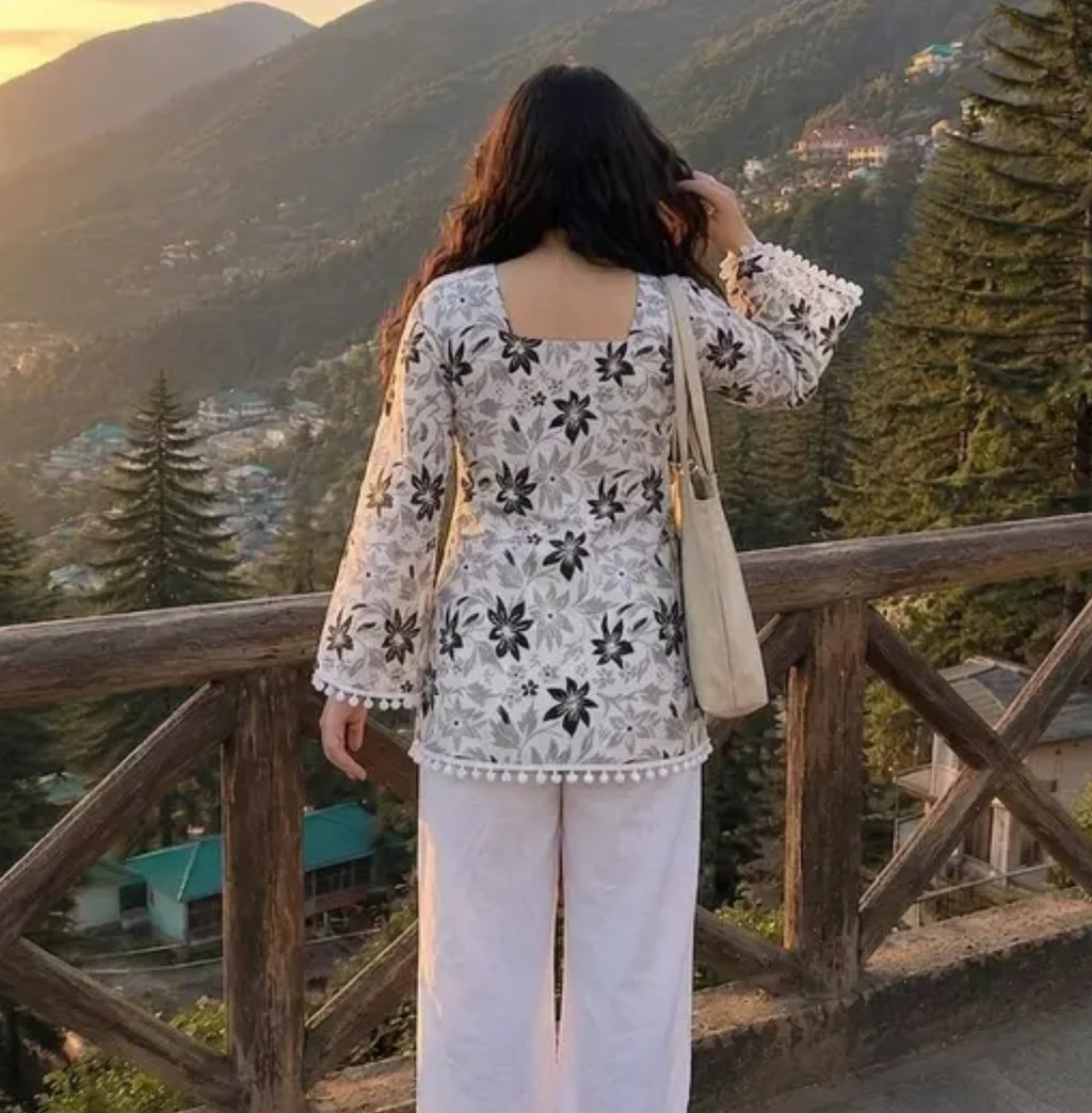 Women’s Floral Printed Square Neck Flared Sleeve Short Kurti – White Indo-Western