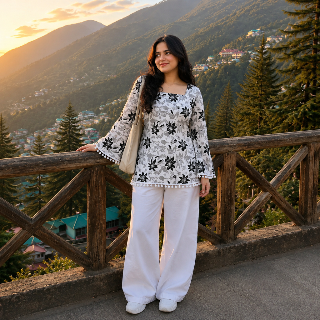 Women’s Floral Printed Square Neck Flared Sleeve Short Kurti – White Indo-Western